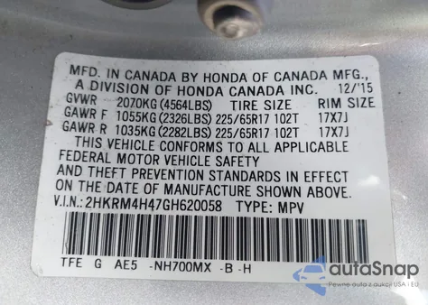 2016 Honda Cr-V Se from USA, damaged, VIN 2HKRM4H47GH620058